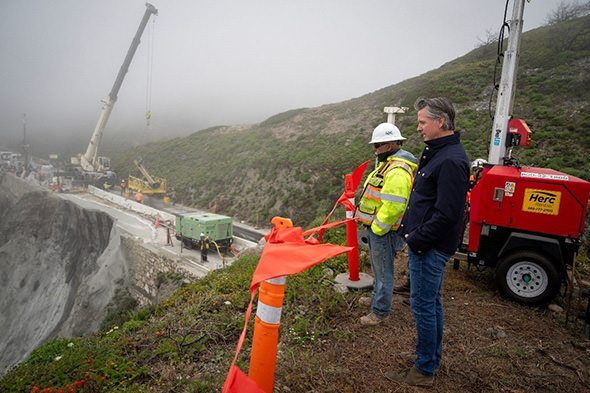 Image of Governor Newsom surveying damage near the Rocky Creek Bridge earlier this month.