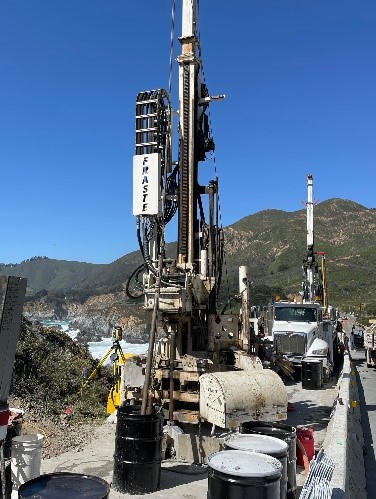 Image of Crews perform geotechnical subsurface investigations at Rocky Creek which will advance design of the permanent repair at the site.